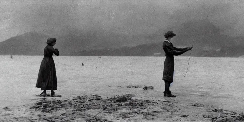 Prompt: a young edwardian woman fishing on a small beach, old yellowed black and white photograph