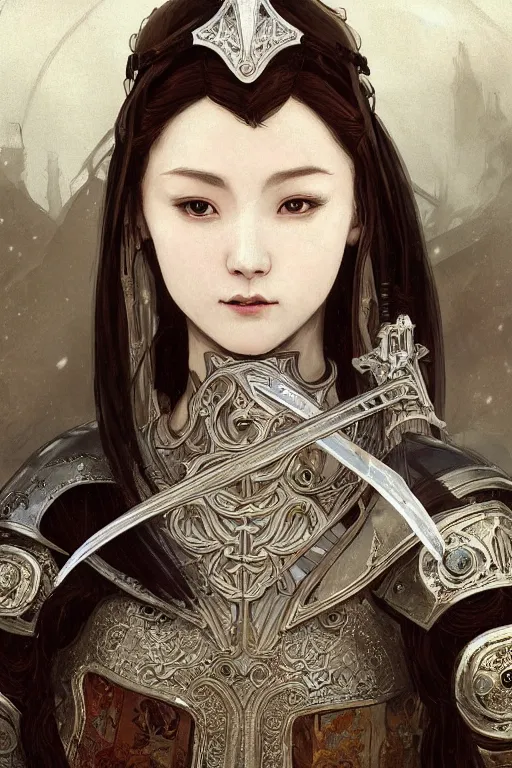 Prompt: beautiful and victorian and holy and divine and elite young medieval female white armor knight portrait like twice tzuyu+shinny eyes+front face with light flowing hair, ultradetail face, art and illustration by tian zi and craig mullins and WLOP and alphonse mucha, fantasy, intricate complexity, human structure, human anatomy, fantasy character concept, watermark, blurry, hyperrealism 8k