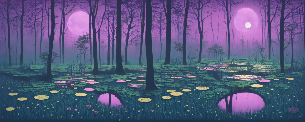 Prompt: ( ( ( gediminas pranckevicius ) ) ), a pond in the forest, moonlight, flower garden summer morning, very coherent and colorful high contrast art by simon stalenhag floralpunk screen printing woodblock, dark shadows, pastel color, hard lighting, dan munford