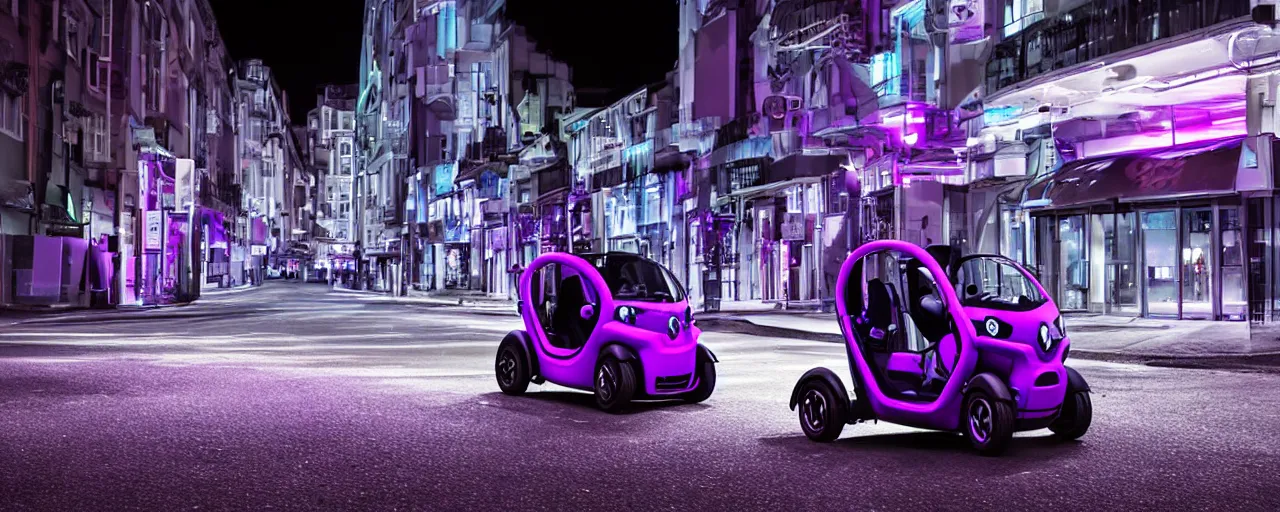 Prompt: Renault Twizy parked on deserted city street at night time purple lighted street retro-wave vibes grainy soft motion blur, cinematic, low wide angle shot