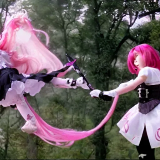 Image similar to a battle of two real-life mahou shoujo girl in the sky, still of an epic japanese movie scene