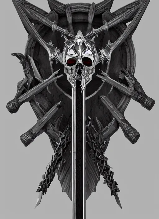 Image similar to a black and silver sword skull crest, orthographic, ornament, weapon, a 2 d render by dom qwek, front side, concept art, trending on polycount, artstation, hard surface modeling, rendered in maya, zbrush, hd, vray, blizzard, symmetry