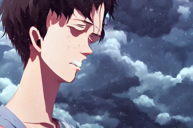 Image similar to Pixiv Digital art Full Body Extreme Detailed Full and Isolated and singular portrait of Drake crying tears sitting on a Cloud in the sky. His tears pour down like rain in the scene is full of clouds and raining by Ilya Kuvshinov and Greg Rutkowski