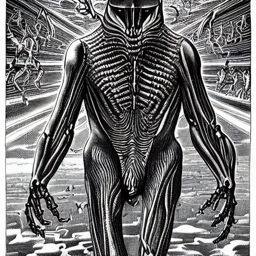 Prompt: a giant biomechanical alien monster by virgil finlay