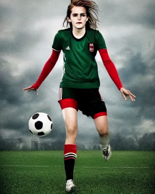 Image similar to a portrait of emma watson as a lokomotiv football player, hyper realistic