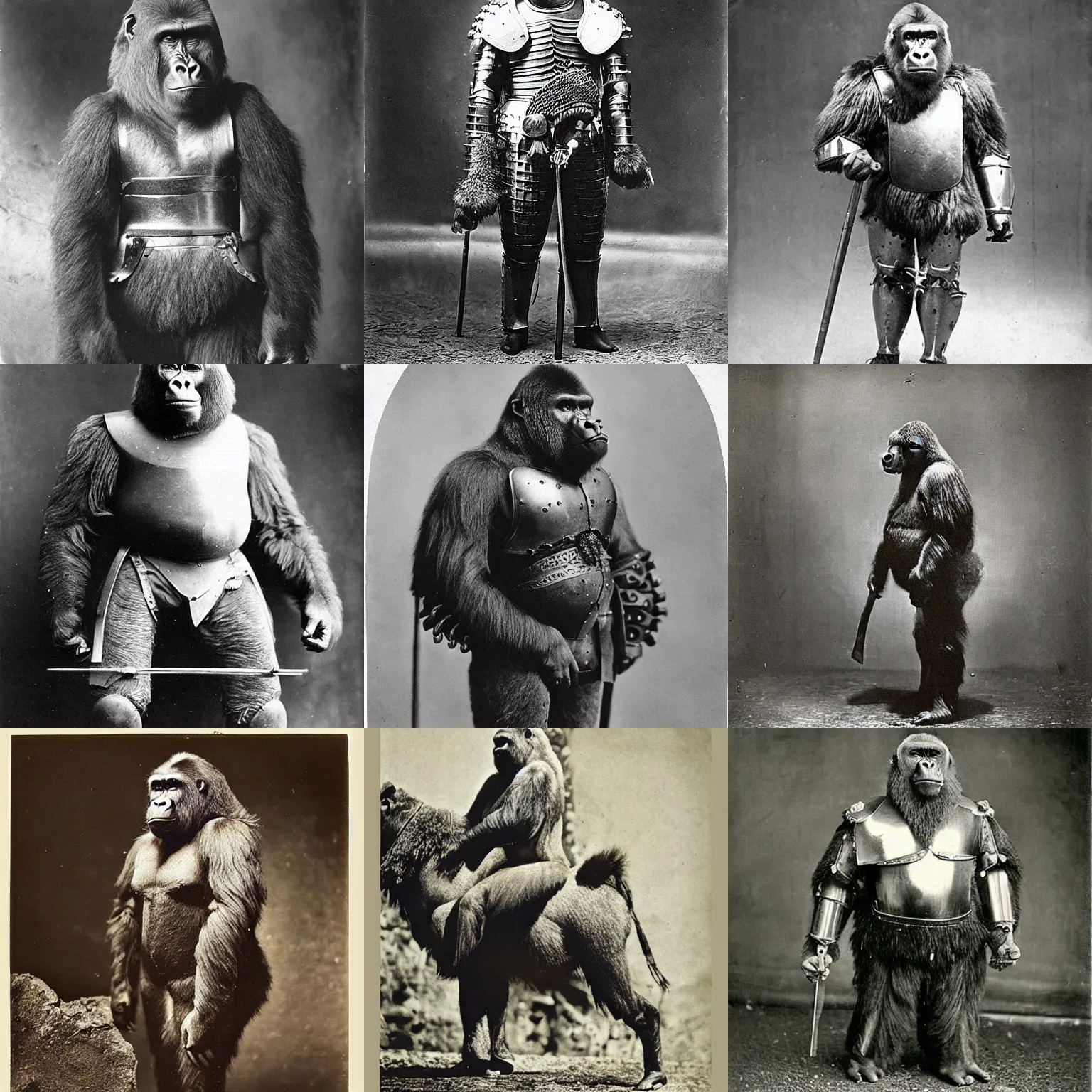 Prompt: “gorilla in full medieval armour, 1900’s photo”