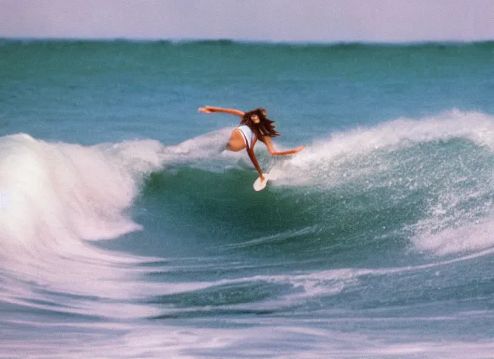 Image similar to color photo of a shark fin in water. surfergirl riding a wave in the 8 0's