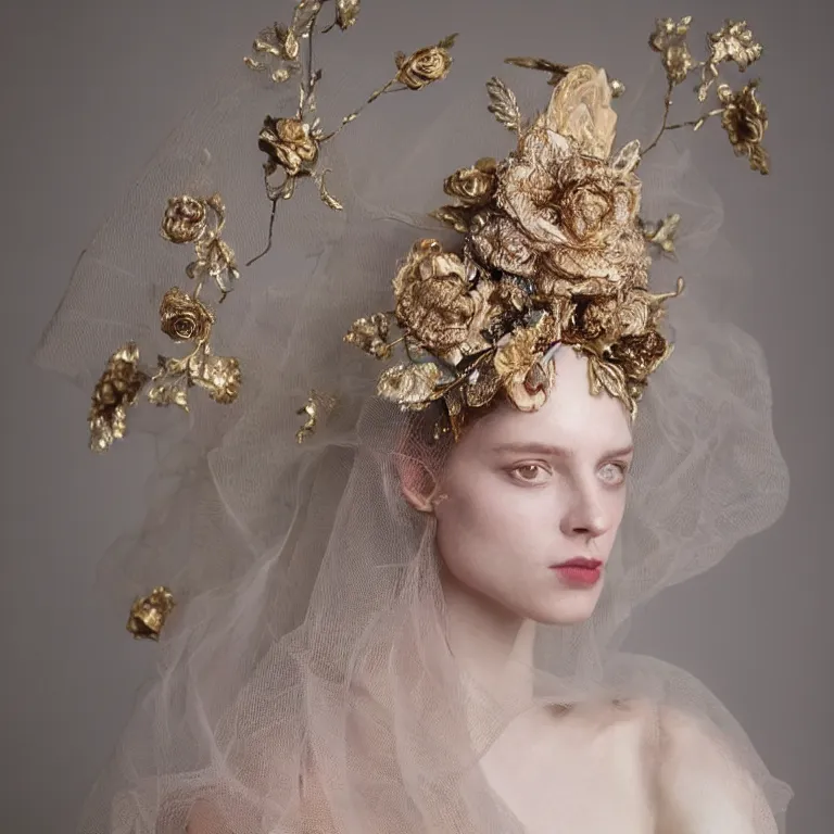 Prompt: anna taylor-joy, veiled,rococo headdress, avian-inspired,beaded embroidery,roses,by Annie Stegg and Jovana Rikalo and VICTOR NIZOVTSEV and Nekro and Billelis, GUCCI,DIOR,trending on pinterest,hyperreal,Kintsukuroi,gold,maximalist