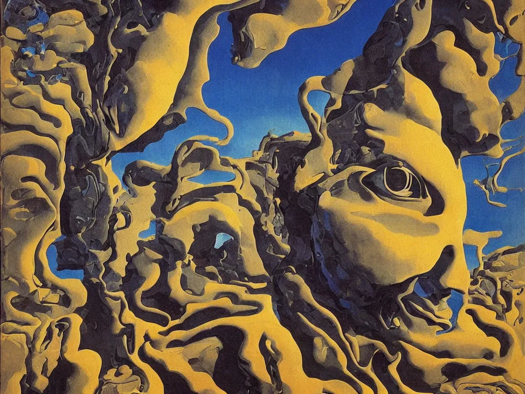 Image similar to African god mask, sculpture, Henri Moore giant, blue eyed, flowing milk, lightning network. Boulders of marbled rocks, spiked, wings. Painting by Rene Magritte, Moebius, Jean Delville, Max Ernst, Maria Sybilla Merian, Roger Dean