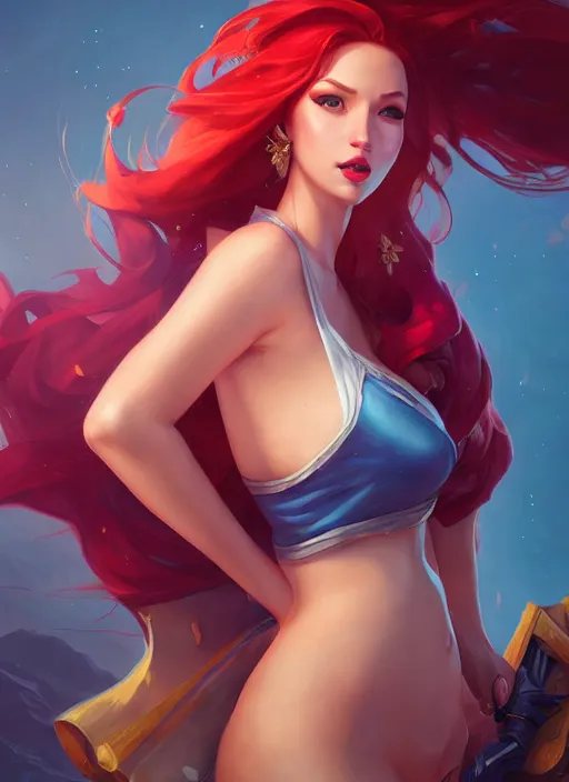 Prompt: miss fortune from league of legends, half body shot, path traced, realistic, highly detailed, high quality, digital painting, hd, alena aenami, lilia alvarado, shinji aramaki, karol bak, alphonse mucha, tom bagshaw