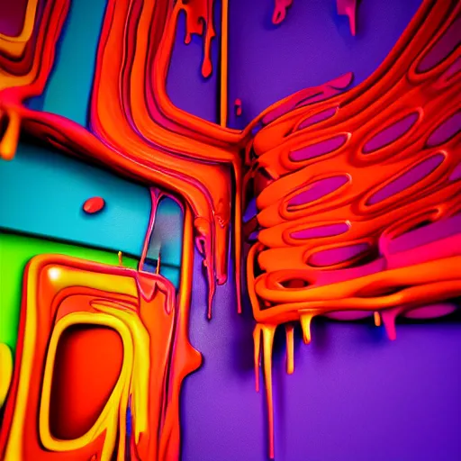 Prompt: : colorful abstract melty sculpture art on the wall in modern architecture studio, cinematic lighting, hyper - realistic, detailed, render by c 4 d octane, unreal engine, 8 k 3 d render