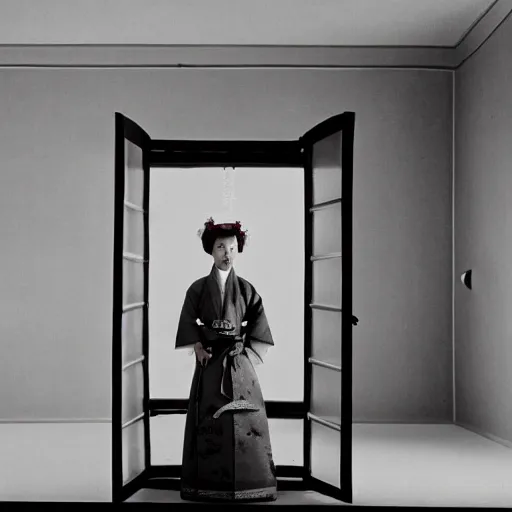 Image similar to woman in traditional hanbok waiting on living room couch, shadow of a giant Kaiju-eiga starfish, behind screen window, 35mm film still, monochrome, Wes Anderson, Fritz Lang