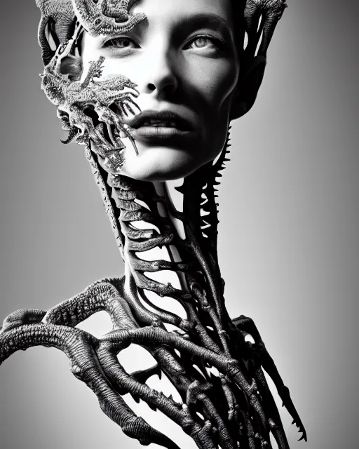 Image similar to a black and white high quality photo of a young beautiful female queen-dragon-cyborg bust with a very long neck and Mandelbrot fractal face, Mandelbrot fractal skin, flesh, anatomical, facial muscles, veins, arteries, elegant, highly detailed, flesh highly baroque ornate, hair are wired cables, elegant, high fashion, rim light, octane render, in the style of H.R. Giger and Man Ray, Realistic, Refined, Digital Art, Highly Detailed, Cinematic Lighting, rim light, black and white, photo-realistic, 8K