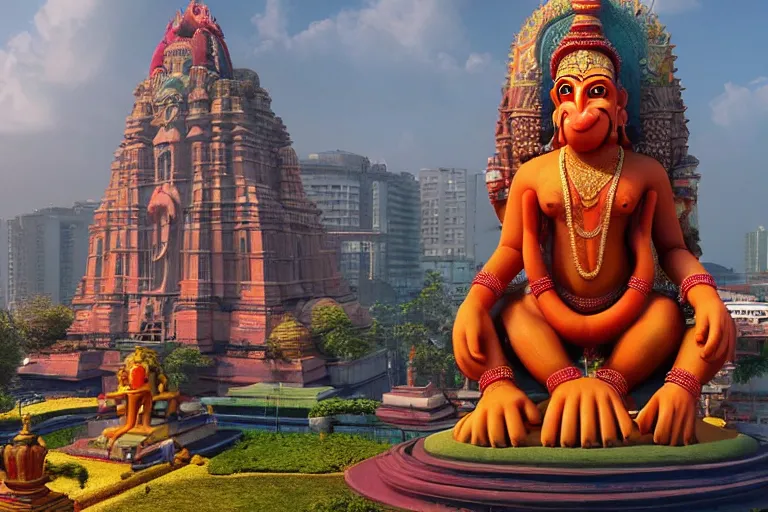 Prompt: high quality 3 d dreamscape! mumbai with biomorphic hanuman!! head building, kalighat, unreal engine hyperrealistic cinematic smooth, stephen shore & john j. park, soft morning light, wide shot, high angle, uhd 8 k, deep focus