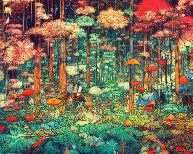Prompt: A beautiful composition of a psychedelic forest, rich details, artwork by Satoshi Kon and Yoshitaka Amano