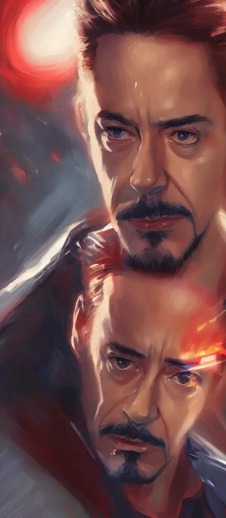 Image similar to concept art of tony stark, cinematic shot, oil painting by jama jurabaev, extremely detailed, brush hard, artstation, high quality, brush stroke