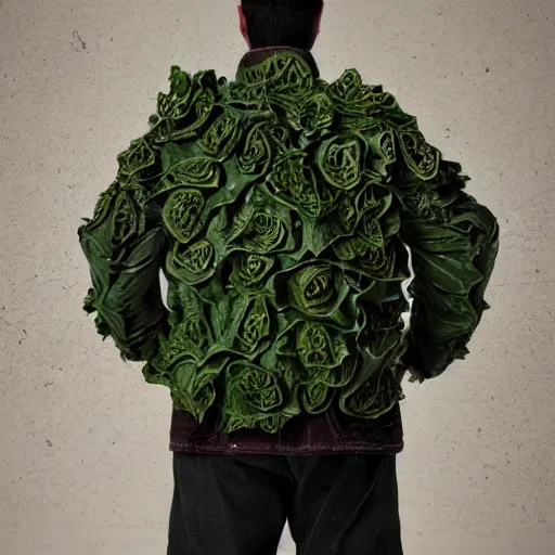 Image similar to jacket made out of cabbage, photorealistic, studio, detailed