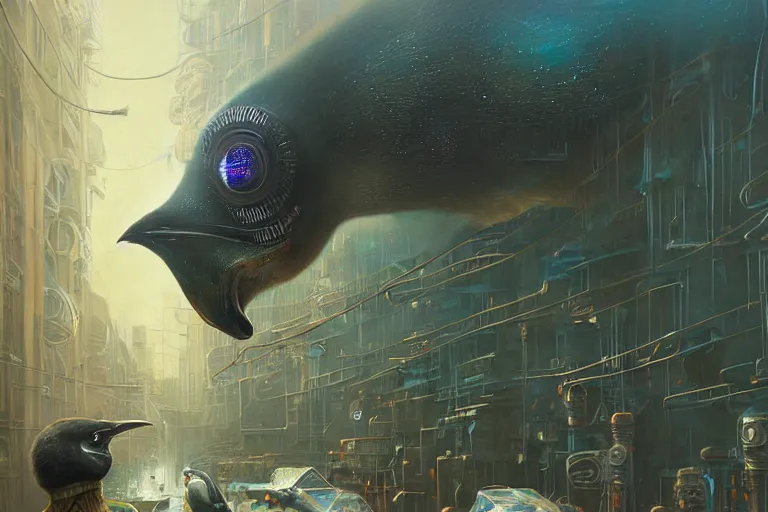 Image similar to A solarpunk very highly detailed Anthropomorphic cybertronic penguin with very highly detailed face on the street of a very highly detailed solarpunk sci-fi city digital rational painting art by Greg Rutkowski, sci-fi highly detailed, digital concept art, Dimensional cyan gold natural light, sharp focus, Golden Ratio illustration, realistic concept art by Stephen Hickman and James Gurney and Hiromasa Ogura Ghost in the Shell rendered in Octane Render, From the distance