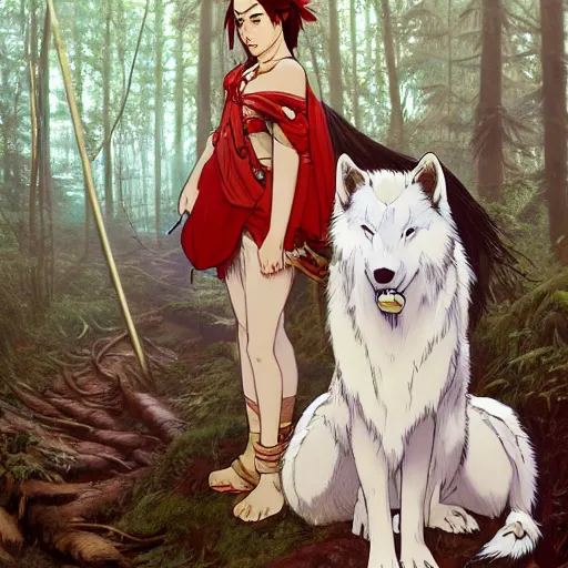 Image similar to Princess Mononoke as a real person ((asian woman with red facepaint)) determined expression, standing next to a giant white wolf, in a forest, by Artgerm,Greg Rutkowski,Alphonse Mucha, 4k resolution, highly detailed