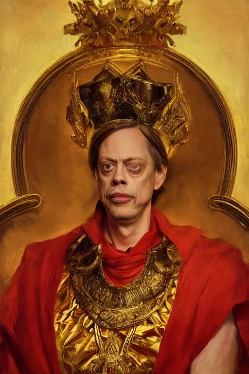 Image similar to beautiful portrait oil painting, steve buscemi wearing a golden wreath crown in royal crimson robes enthroned as the god emperor of ancient rome, mid - shot, by anders zorn, wonderful masterpiece by greg rutkowski, beautiful cinematic light, american romanticism, by thomas lawrence, greg rutkowski