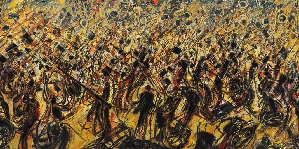 Prompt: an ultra detailed oil painting where the brass section of a symphony is interpreted by accompanying paint strokes, hyper - detailed, structured, grid, sheet music, pops of triadic colors, jackson pollock, claude monet, pierre soulages