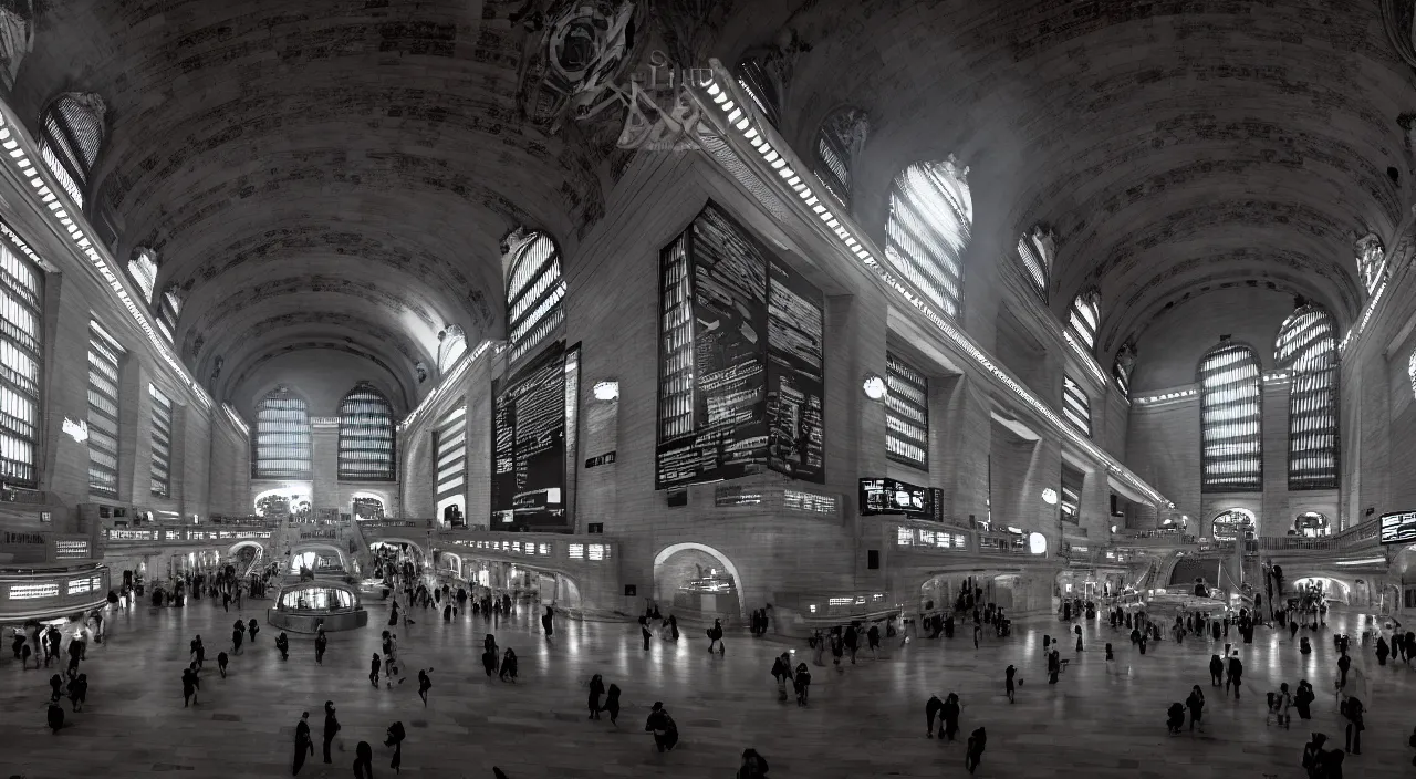 Image similar to a futuristic grand central station with portals and stargates to other worlds and times, by ridley scott, stunning atmosphere, high octane, cinematic lighting 4 k