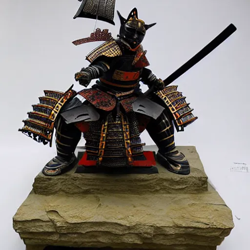 Image similar to cat warrior statue in samurai insect armor, realistic painting.