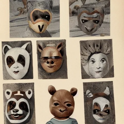 Image similar to vintage artwork of children on a playground wearing different animal masks,