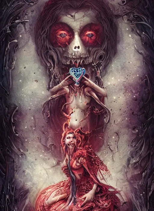 Image similar to the king of hearts, death tarot card, highly detailed, cinematic, 8 k, by megan duncanson, benjamin lacombe, adrian borda, stanley artgermm, tom bagshaw, craig mullins, carne griffiths, ayami kojima, beksinski, giger, trending on deviantart, hyper detailed, horror, full of colour