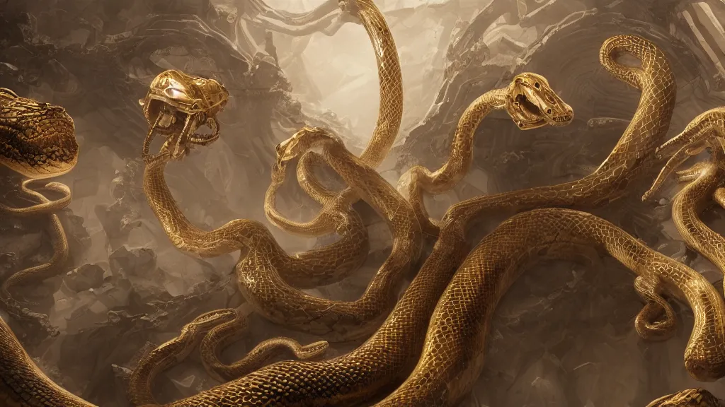Prompt: marble temple, giant snakes, ribcage, gold, godrays, cgsociety,