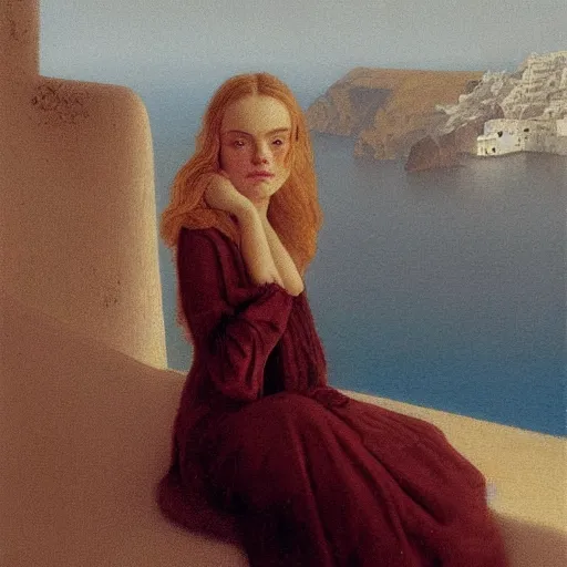 Image similar to Elle Fanning in Santorini, head and shoulders portrait, extremely detailed masterpiece, illustration, by Michael Sowa,