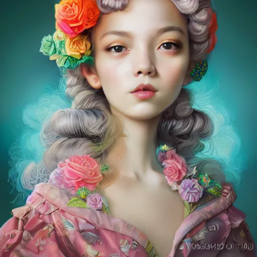 Image similar to a portrait of an beautiful young women, bright colors highly detailed, ultra realistic digital painting, rococo, japonisme, artstation, concept art, pop, smooth, sharp focus, illustration, art by mark ryden 3 d 8 k ultra detailed