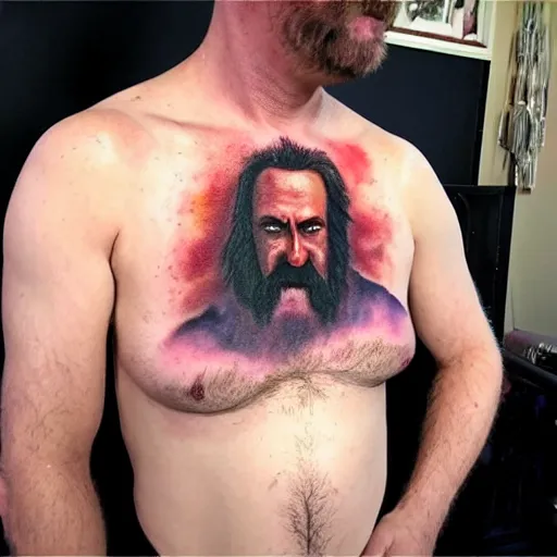 Image similar to an ultra realistic 8 k hdr photo of an award winning healed color tattoo of zardoz on a man ’ s super hairy chest