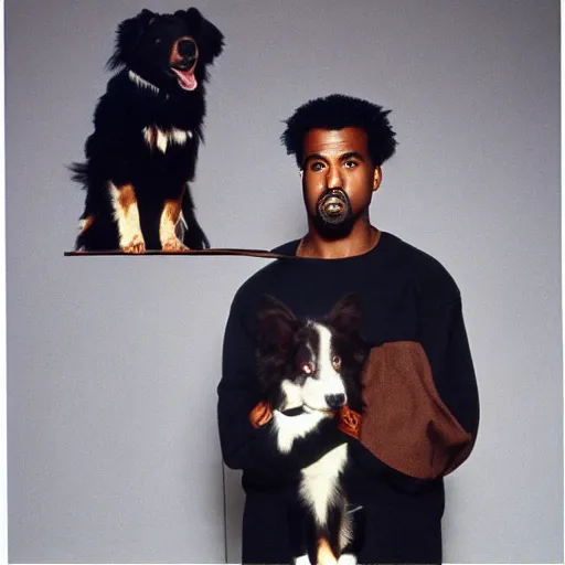 Image similar to Kanye West holding a Border Collie for a 1990s sitcom tv show, Studio Photograph, portrait C 12.0