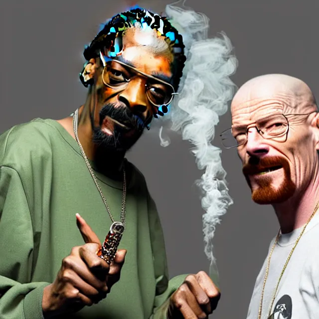 Image similar to snoop dogg and walter white smoking weed and laughing in the studio, walter white, snoop dogg, smoking weed, studio, photorealistic