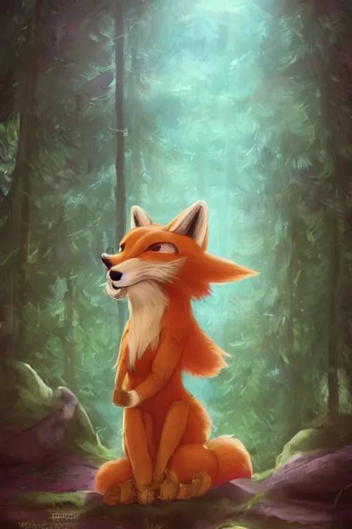 Image similar to a pretty medieval anthropomorphic fox with a fluffy tail in the forest, comic art, trending on furaffinity, cartoon, kawaii, backlighting, furry art!!!, radiant light, bokeh, trending on artstation, digital art