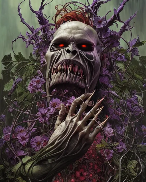 Image similar to the platonic ideal of flowers and roots of cletus kasady ultimate carnage thanos dementor doctor doom chtulu nazgul, detailed, intricate, hyperrealism, intense, scary, decay, dmt, art by brock hofer and artgerm and greg rutkowski and alphonse mucha