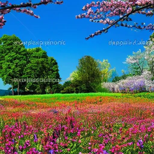 Image similar to a flower meadow with blooming trees, beautiful landscape