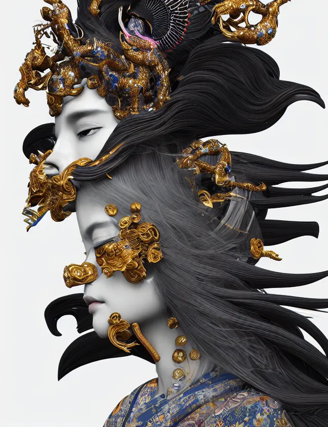 Image similar to 3 d goddess close - up profile portrait with crown, ram skull. beautiful intricately detailed japanese crow kitsune mask and clasical japanese kimono. betta fish, jellyfish phoenix, bio luminescent, plasma, ice, water, wind, creature, artwork by tooth wu and wlop and beeple and greg rutkowski