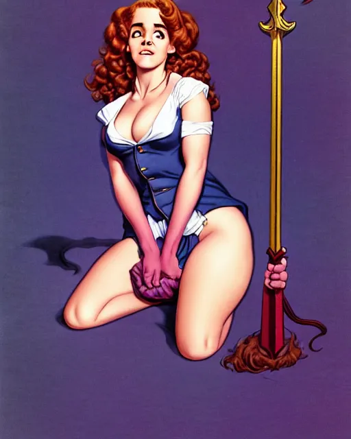 Prompt: pinup photo of of hermione granger by emma watson in the crowded square of hogwarts, by jean giraud, kezie demessance, gil elvgren, james jean, enoch bolles, glossy skin, pearlescent, anime, very coherent, flat, long shot