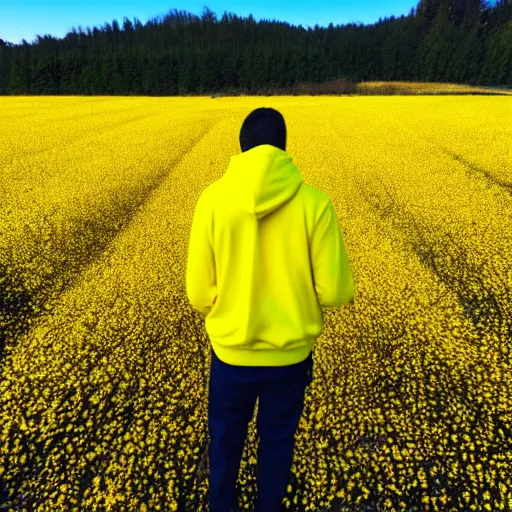 Image similar to an extreme wide shot of a man standing in a yellow field wearing a neon salmon hoodie