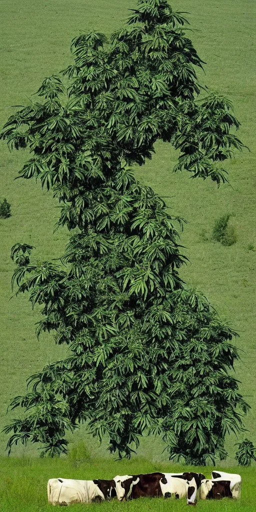 Image similar to giant marihuana plant with cows sleeping in it's shade