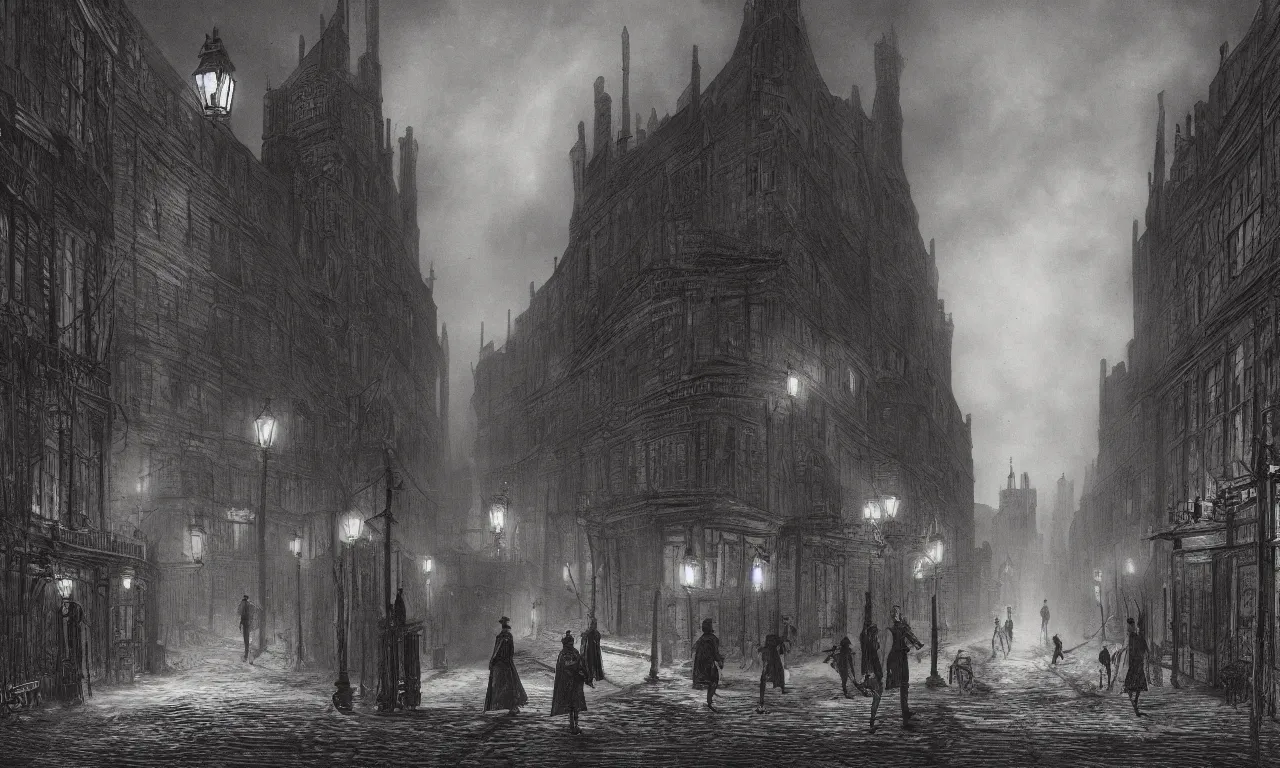 Prompt: a street of 19th century london at night, in the style of Bloodborne