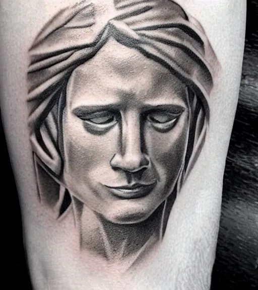 Image similar to tattoo design sketch of the statue of david cracked, in the style of den yakovlev, realistic face, black and white, realism tattoo, hyper realistic, highly detailed