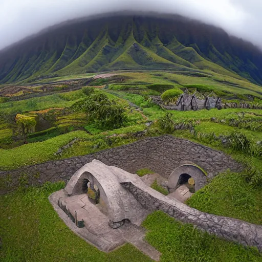 Prompt: Drone view of hobbit monastery on Hawai'i. Patrick Stewart as abbott, in the style of Jim Woodring, moebius