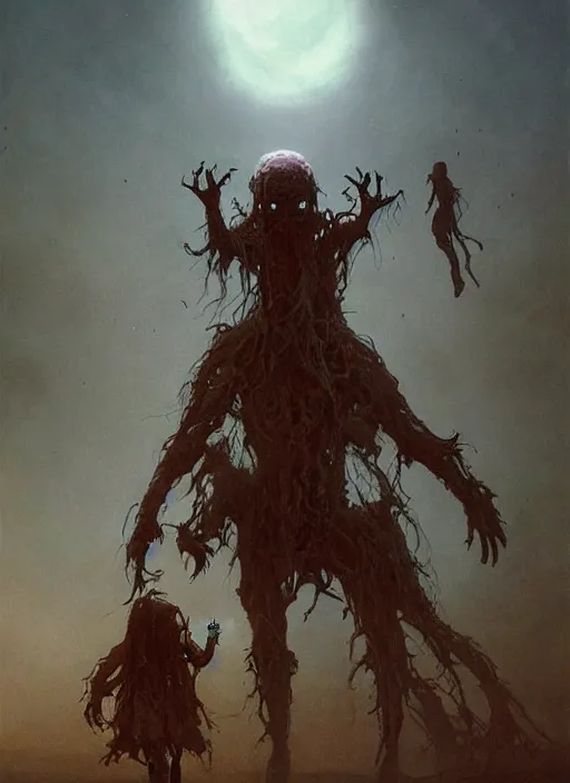 Prompt: an immense beautiful terrifying pale humanoid giant looms over a tiny human. ethereal horror art by michael whelan and greg rutkowski