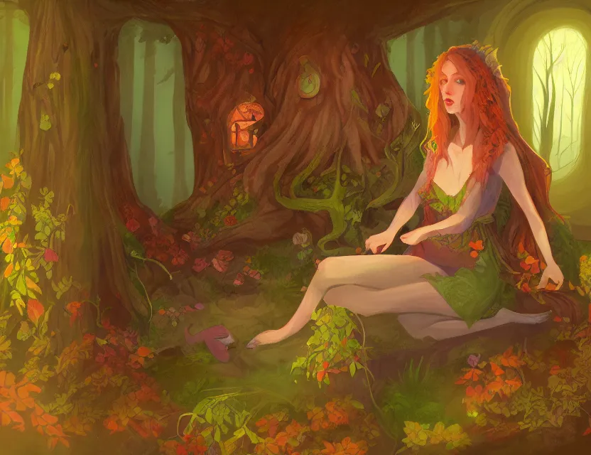 Prompt: forest witch girl in a cozy study. complementary colors, oil painting, indie concept art, bloom, chiaroscuro, backlighting, intricate details.