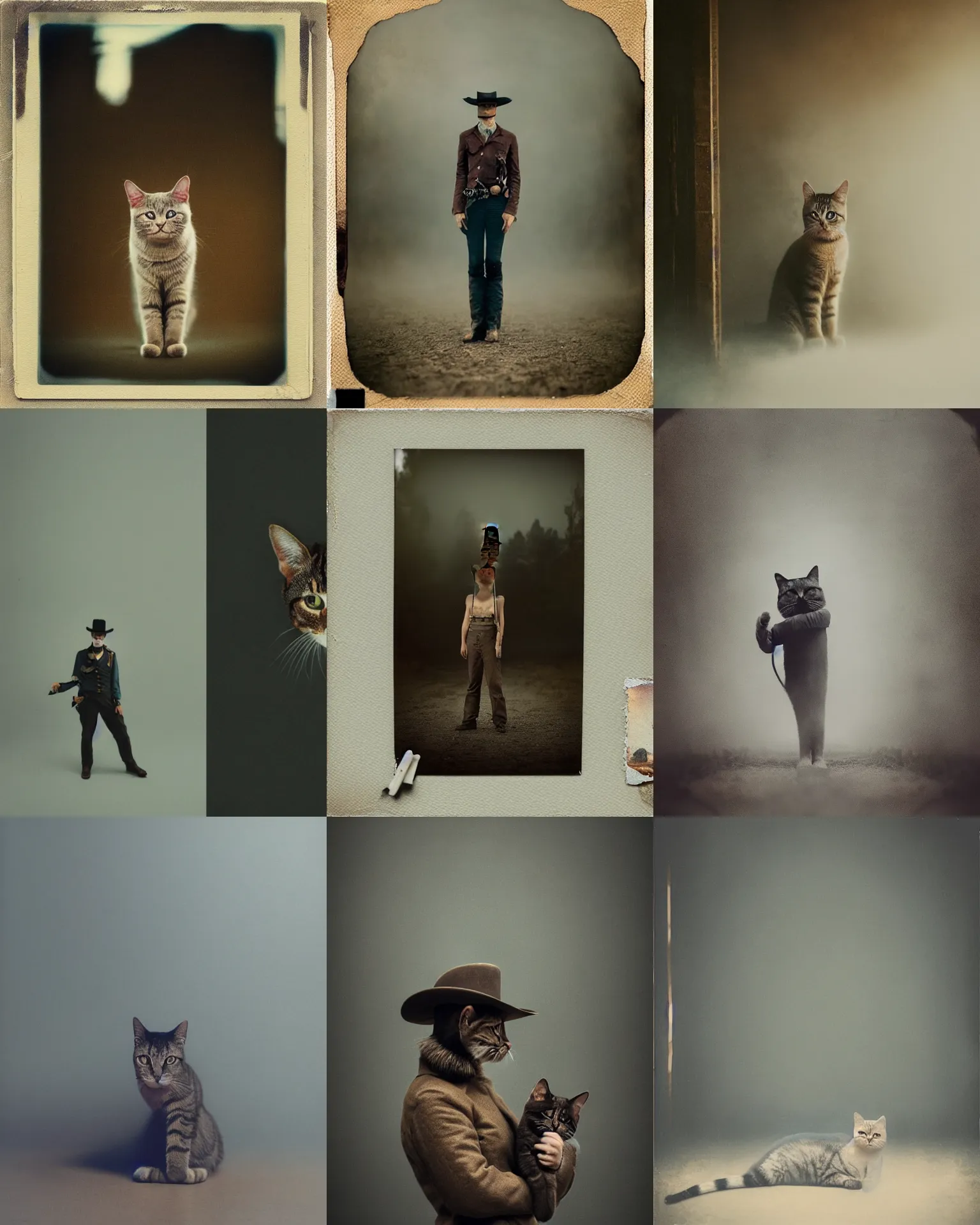 Prompt: cop cat ,on wild west , full body , Cinematic focus, Polaroid photo, vintage , neutral dull colors, soft lights, foggy mist , by oleg oprisco , by thomas peschak, by discovery channel, by victor enrich , by gregory crewdson