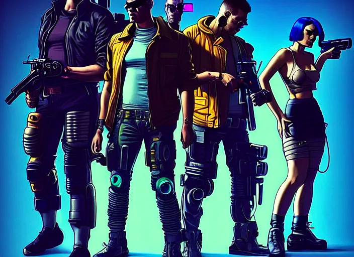 Image similar to cyberpunk tough guys. portrait by stonehouse and mœbius and will eisner and gil elvgren and pixar. character design. realistic proportions. cyberpunk 2 0 7 7 character art, blade runner 2 0 4 9 concept art. cel shading. attractive face. thick lines. the team. diverse characters. artstationhq.