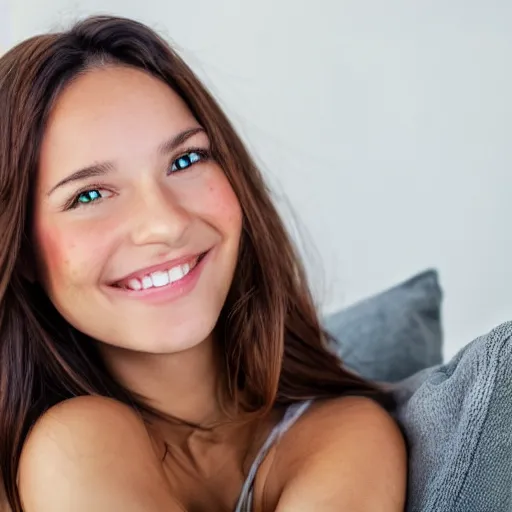 Image similar to a cute young woman smiling, long shiny bronze brown hair, full round face, green eyes, medium skin tone, light cute freckles, smiling softly, wearing casual clothing, relaxing on a modern couch, interior lighting, cozy living room background, medium shot, mid-shot, soft focus